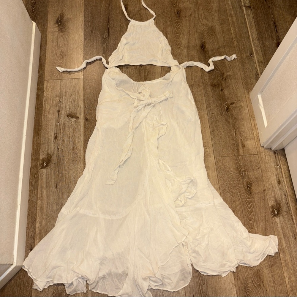 Free People white Gauze Halter Top Ruffle Skirt size L Dress